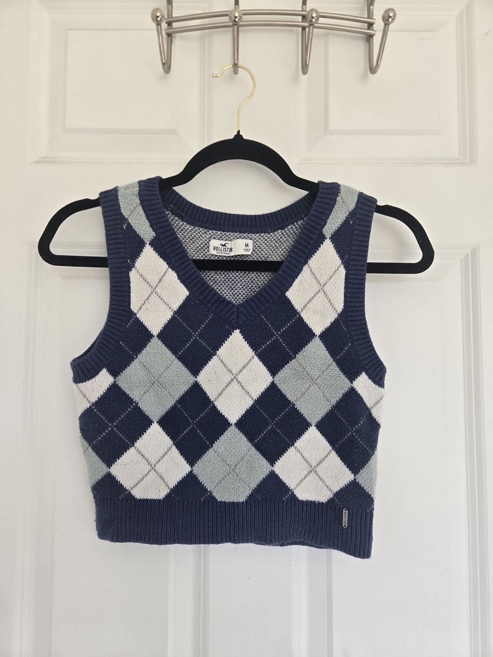 Hollister Argyle Knit Sweater Vest in Navy, Light Blue & White